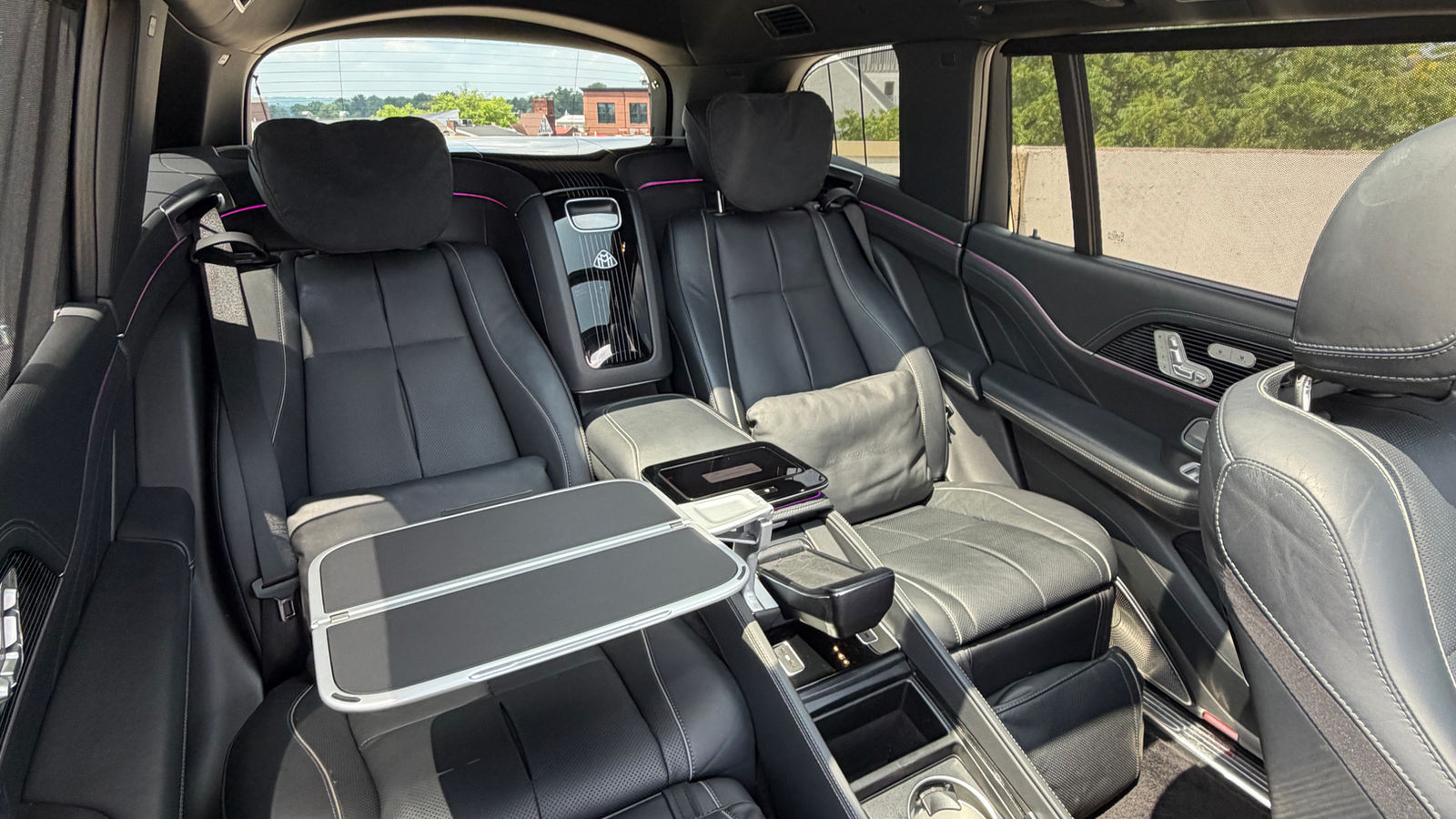 Rear executive seats inside the Mercedes GLS 600 Maybach, ready for prom night